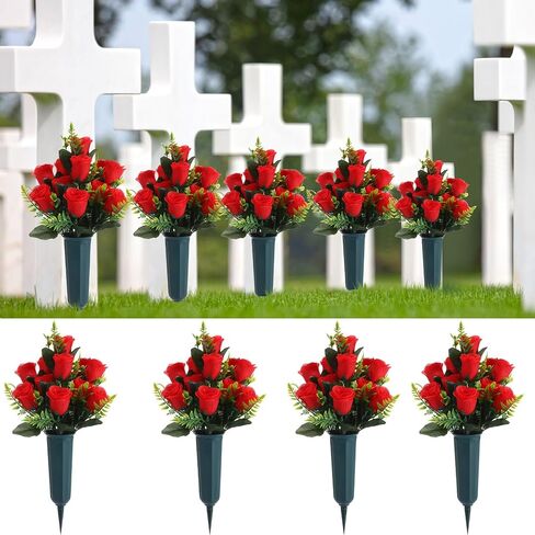 4 Sets Artificial Cemetery Flowers, Memorial Flowers with Long Spikes Vase Artificial Rose for Cemetery Beautiful Arrangements Decoration Memorial Bouquet Artificial Flowers in Saudi Arabia