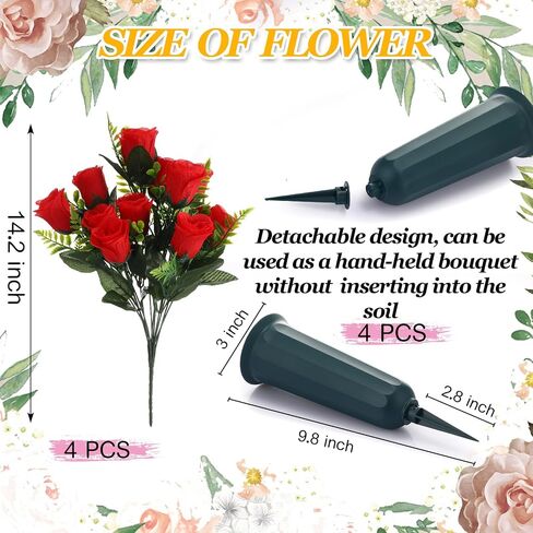4 Sets Artificial Cemetery Flowers, Memorial Flowers with Long Spikes Vase Artificial Rose for Cemetery Beautiful Arrangements Decoration Memorial Bouquet Artificial Flowers in Saudi Arabia