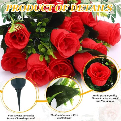4 Sets Artificial Cemetery Flowers, Memorial Flowers with Long Spikes Vase Artificial Rose for Cemetery Beautiful Arrangements Decoration Memorial Bouquet Artificial Flowers in Saudi Arabia