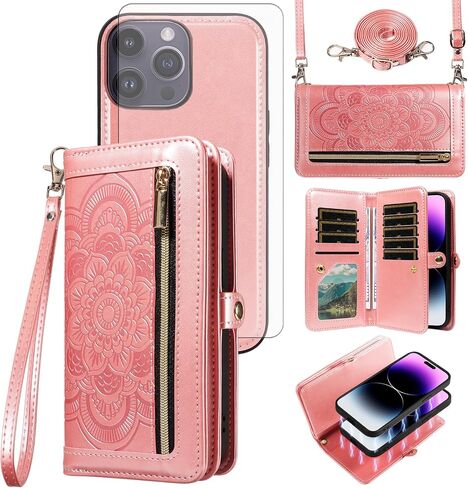 Asuwish Phone Case for iPhone 14 Pro Max 6.7 inch Zipper Wallet Detachable Cell Cover with Screen Protector Strap Flower Card Holder iPhone14promax 5G i Phone14Max Plus iPhone14 ProMax Women Rose Gold in Kuwait