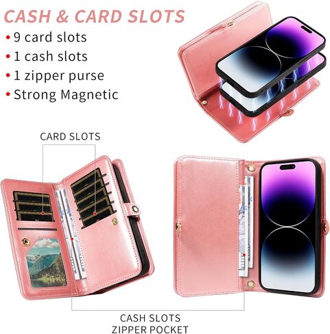 Asuwish Phone Case for iPhone 14 Pro Max 6.7 inch Zipper Wallet Detachable Cell Cover with Screen Protector Strap Flower Card Holder iPhone14promax 5G i Phone14Max Plus iPhone14 ProMax Women Rose Gold in Kuwait