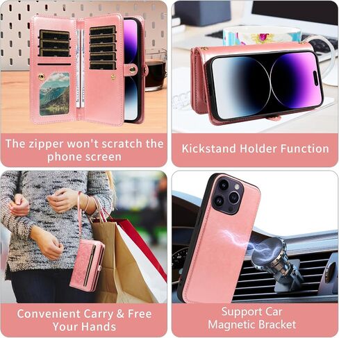 Asuwish Phone Case for iPhone 14 Pro Max 6.7 inch Zipper Wallet Detachable Cell Cover with Screen Protector Strap Flower Card Holder iPhone14promax 5G i Phone14Max Plus iPhone14 ProMax Women Rose Gold in Kuwait