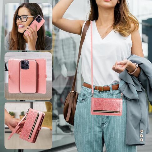 Asuwish Phone Case for iPhone 14 Pro Max 6.7 inch Zipper Wallet Detachable Cell Cover with Screen Protector Strap Flower Card Holder iPhone14promax 5G i Phone14Max Plus iPhone14 ProMax Women Rose Gold in Kuwait