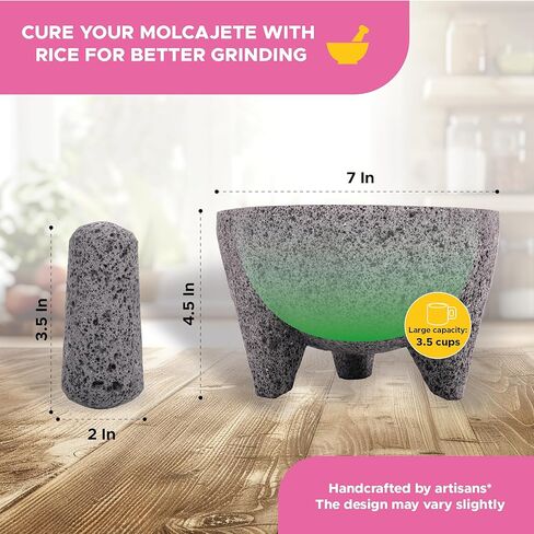 Molcajete 7 in Mexican, Handmade with Natural Volcanic Stone, Artisanal Kitchen Utensil for Grinding with Pores for Crushing, Specially Designed for Grinding Spices, Sauces, and Guacamole in Kuwait
