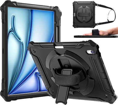 ZtotopCases for New iPad Air 13 inch Case (M3 2025/M2 2024) with Pencil Holder, Shockproof Full Body Drop Protective Cover with 360° Rotating Hand Strap & Stand, Black in Saudi Arabia