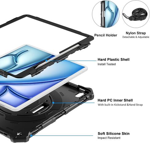 ZtotopCases for New iPad Air 13 inch Case (M3 2025/M2 2024) with Pencil Holder, Shockproof Full Body Drop Protective Cover with 360° Rotating Hand Strap & Stand, Black in Saudi Arabia