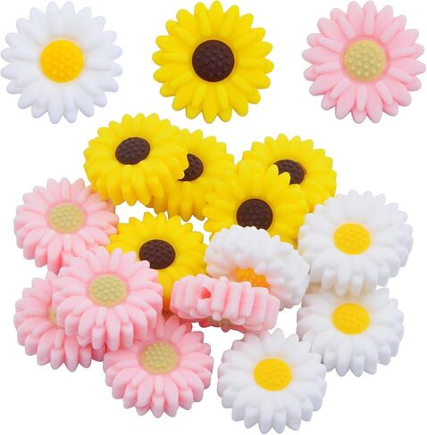 15pcs 19.5 mm Daisy Flower Silicone Beads Soft Silicone Sunflower Shape Loose Spacer Beads for DIY Garland Keychains Lanyard Jewelry Making Craft Decor, Yellow Brown in Kuwait
