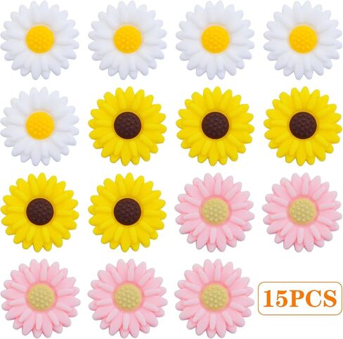 15pcs 19.5 mm Daisy Flower Silicone Beads Soft Silicone Sunflower Shape Loose Spacer Beads for DIY Garland Keychains Lanyard Jewelry Making Craft Decor, Yellow Brown in Kuwait