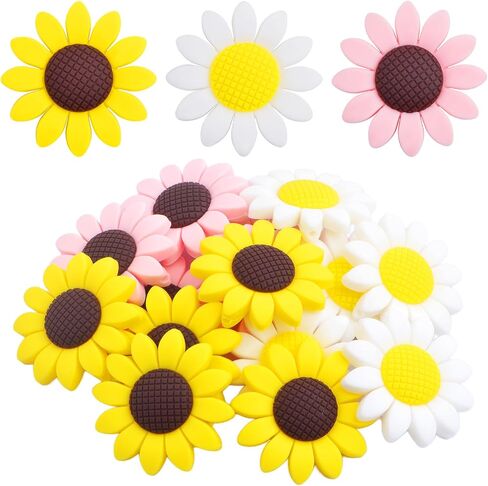 15pcs 19.5 mm Daisy Flower Silicone Beads Soft Silicone Sunflower Shape Loose Spacer Beads for DIY Garland Keychains Lanyard Jewelry Making Craft Decor, Yellow Brown in Kuwait