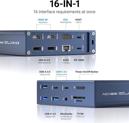 ACASIS Thunderbolt 4 Dock - 21 Ports,MacBook Pro Docking Station Dual Monitor, 8K60Hz HDMI, 2.5 GbE Ethernet, SD/TF 4.0, 10Gbps 7*USB C/A, 3.5mm Audio, 40Gbps Dock for Mac/Dell/HP/Lenovo/ThinkPad in Kuwait