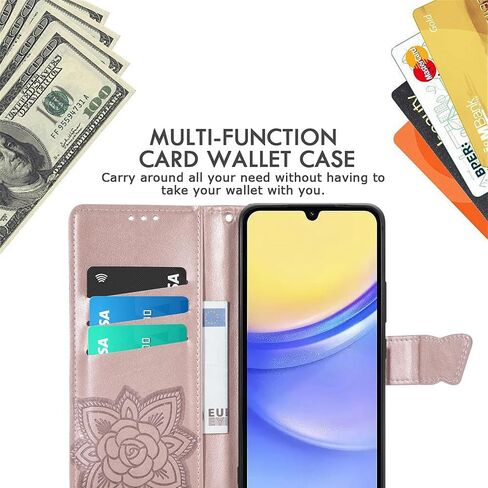 for Samsung Galaxy A15 Wallet Case, [Butterfly & Flower Embossed] Premium Leather Case Cover with Card Slots Kickstand Flip Case for Samsung Galaxy A15 (Blue) in Kuwait