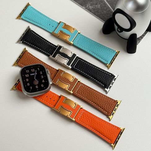 Leather Band Compatible with Apple Watch Band Series 10 9 8 7 6 5 4 SE Ultra Ultra 2, H-Shaped Buckle strap for iWatch 44/45/46/49mm Men and Women in Saudi Arabia
