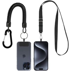 Universal Phone Lanyard- Adjustable Neck Strap, Anti-Drop Stretchy Straps and Phone Leash with Patch for Outdoor/Hiking (Black A)