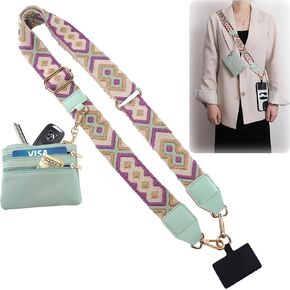 Phone Lanyard Crossbody with Wallet - Adjustable Zippered Pouch, Detachable Chain for iPhone 15/Samsung, Women Travel Essentials + 2 Leather Card Slots | Green