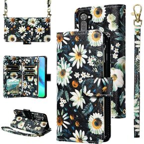 Wallet Case for Moto G Stylus 2020 MotoG Pro with Wrist Strap Crossbody Shoulder Strap Flower Leather Zipper Purse Card Holder Phone Cover Motorola GStylus Stylo XT2043-4 XT2043 Girls Pink