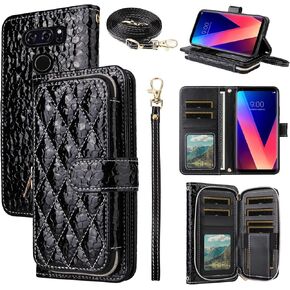 Argyle Wallet Case for LG V35 ThinQ V30 Plus with Crossbody/Wrist Strap Luxury PU Leather Stand Zipper Purse Shockproof Cell Phone Cover for LGV30 LGV35 LG30 LG35 V 30 35 V30+ V30s H931 Black