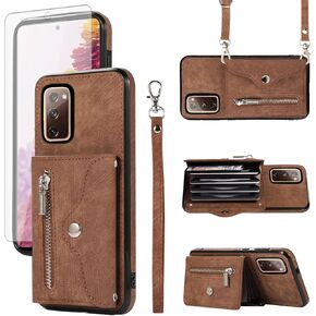 Phone Case for Samsung Galaxy S20 FE 5G/S20 Fan Edition Wallet Cover with Tempered Glass Screen Protector Wrist Crossbody Strap Card Holder Stand S 20 EF UW S20FE5G S20FE 20S S2O 4G G5 Women Rose Gold