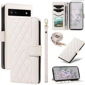 Asuwish Phone Case for Google Pixel 6A 5G 2022 Wallet Cover with Tempered Glass Screen Protector and Wrist Strap Lanyard Card Holder Slot Stand Cell Accessories Purse Pixel6A A6 G5 Women Men White
