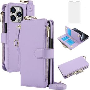 Asuwish Phone Case for iPhone 14 Pro Max 6.7 inch Zipper Wallet with Tempered Glass Screen Protector Strap Card Holder Cell Cover iPhone14promax 5G i Phone14Max Plus iPhone14 ProMax Women Brown