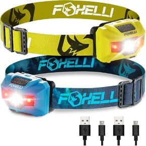 Foxelli Rechargeable LED Headlamp Bundle of 2 - Yellow & Forest: Ultralight Waterproof Head Lamp with Red Light for Running, Camping, Hiking & Outdoor