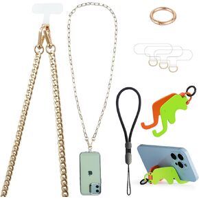 2 pc Crossbody Phone Strap Detachable Cell iPhone Lanyard Chain Shoulder Neck with Wrist Strap Charm Finger Grip 3 Patches Tether CellPhone Stand Holder Anti Theft Universal for iPhone All Phones Gold