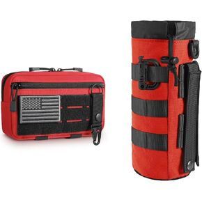 Tactical Molle Admin Pouch with USA Flag Patch and Keychain & Tactical Drawstring Molle Water Bottle Pouch with D-Ring Clip
