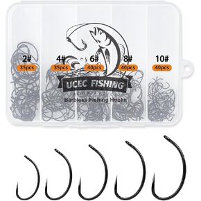 UCEC 190/220/260pcs خطافات الصيد Barbless ، Carp Hooks Circle Curve Shank Fly Tinging Hook Fishing Hook Tackle Tackle for Freshwater Saltwater Hair Rig Size: 2# 4# 6# 8# 10#