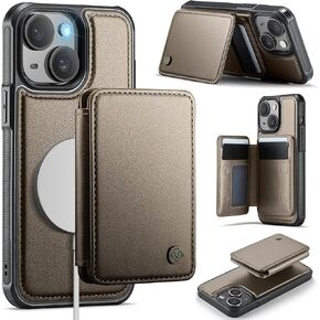 Compatible with Magsafe for iPhone 15 Wallet Case Magnetic Card Holder, RFID Blocking 2 in 1 Detachable Kickstand Shockproof Case for Women Men, Brown