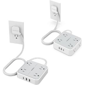 Surge Protector Flat Extension Cord, Flat Plug Power Strip with 3 USB Wall Charger (1 USB C Port), Multiple Outlets, Dorm Room Essentials
