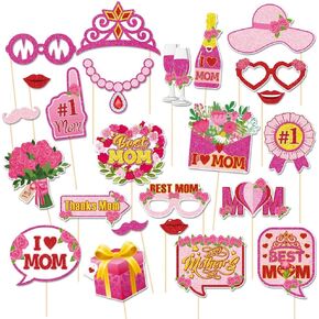 24Pcs Mother's Day Photo Booth Props with Stick, Best Mom Theme Selfie Props, I Love Mom Birthday Party Supplies, Photography Backdrop Decorations