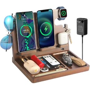 محطة شحن Wood Wireless لأجهزة متعددة ، 27W منظم منظم الشاحن السريع لشحن iPhone و Apple Watch و AirPods و 2 من محطة إرساء ، عيد ميلاد ، للرجال
