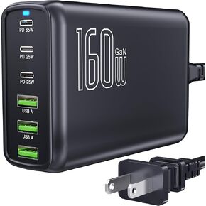 160W USB C Charger, 6 Ports GaN III Fast Desktop Charger with 3 USB-C +3 USB-A, 65W Laptop Power Adapter for MacBook Pro/Air, iPad, iPhone 15/15 Pro Max/15 Plus, Galaxy 24/23