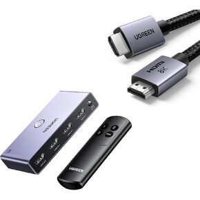 UGREEN HDMI 2.1 Switch Aluminum Ultra HD 8K 3 in 1 Out with Remote Supports 4K@120Hz, 8K@60Hz 4K@60Hz Bundle with 8K HDMI 2.1 Cable 48Gbps 6.6FT, Certified Ultra High Speed Cord
