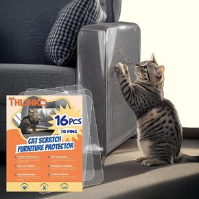 16 Pcs Cat Scratch Furniture Protector, Single Side Anti Scratch Furniture Protector with 4 Holes, Easy to Stick & Fix, Couch Protector from Cat Claws for Living Room(16P+70 Pins)