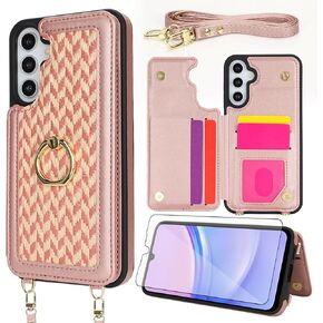 Asuwish Phone Case for Samsung Galaxy A15 5G/4G Wallet Cell Cover with Tempered Glass Screen Protector Ring Stand Credit Card Holder Crossbody Lanyard Shoulder Strap A 15 G5 15A Women Girls Men White