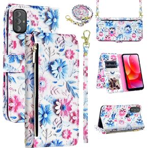 Wallet Case for Motorola Moto G Power 2022/MotoG Play 2023/G Pure 2021 with Wrist Strap Shoulder Strap, Zipper Floral PU Leather Stand Phone Cover for XT2165DL XT2163DL XT2165-5 XT2271-5 Pink
