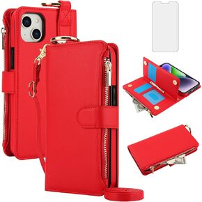 Asuwish Phone Case for iPhone 13 Mini 5.4 inch Zipper Wallet with Tempered Glass Screen Protector Strap Card Holder Cell Cover iPhone13mini i-Phone 13minicase i iPhone13 13mini Women Girls Pink