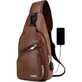 Leather Sling Bag for Men and Women, Waterproof Crossbody Chest Bag with USB Charging Port, Lightweight Daypack for Travel, Work & Outdoor (Brown)