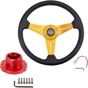 RASTP 13.8"/350mm 6 Bolts Racing Steering Wheel with Sim Racing Gaming Steering Wheel Adapter Fit for Thrustmaster T500 / T300 / TS-PC,TS-XW (Gold-Red)
