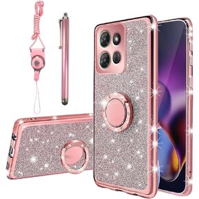 for Moto G Power Case 2025 for Women Glitter Soft TPU Luxury Crystal Butterfly Heart Floral Protective Cover with Ring Kickstand+Strap for Motorola G Power 5G 2025(Rose Gold)