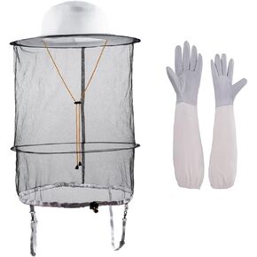 2 in 1 Beekeeping Beekeeper hat and bee Gloves Insect Bug Mosquito Netting mesh hat bee Keeper Veil Hood hat Costumes for Men Women White