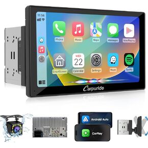 Carpuride Double Din Car Stereo with CarPlay and Android Auto Car Radio 9" HD Touchscreen Car Audio Receivers with Bluetooth,EQ,Mirror Link,SWC,Backup Camera,AUX/TF,Siri,USB,Subwoofer,AM/FM Radio