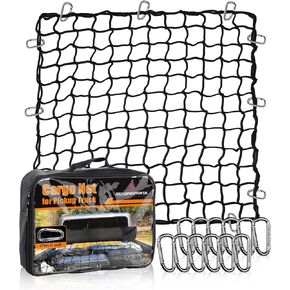Seven Sparta 5’ x 7’ Bungee Cargo Net Stretches to 10' x 14' for Truck Bed, Pickup Bed, Trailer, Trunk, SUV with 16 Bonus D Clip Carabiners Car Organizer Net for Large Loads (Black)