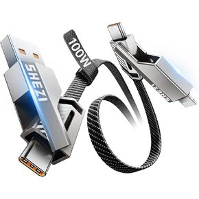 4-in-1 USB C Cable 100W 5FT Fast Charging Flat Nylon Braided for iPhone iPad Charger Cord [480Mbps Data Sync] Multi Charge Cable with L/Type C/USB A Port [SHEZI Series], Grey, L1-100W-5FT-GY