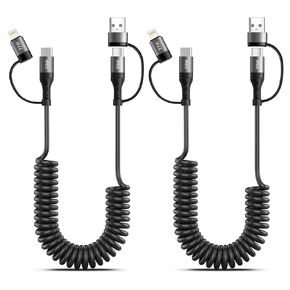 Miger 60W Coiled USB C Cable,4 in 1 Charging Cable 2Pack 4FT USB-C to Lightning Cable for Car Type C to USBC Fast Charging Cables for iPhone 16/15/14/13/12/11 Series/iPad/MacBook/CarPlay