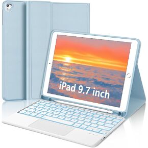 for iPad Keyboard case 9.7 inch, iPad 6th Gen (2018), iPad 5th Gen (2017), iPad Air 2 (2014), Multi-Touch Trackpad, Detachable Backlit Folio Keyboard Slim Cover with Pencil Holder，Green