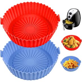 2 Pack Air Fryer Silicone Pot Food Grade Air Fryer Liners Basket Round, Reusable Baking Tray Cooking Oven Accessories, Replacement of Flammable Parchment Liner Paper (blue+red, Top-8inch（3.2-6.5QT）)