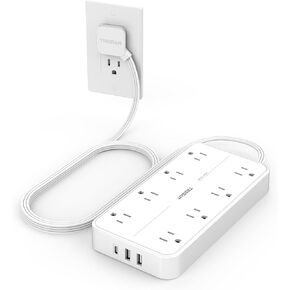 2000J Surge Protector Power Strip, TESSAN 5 FT Extension Cord with Multiple Outlets Flat Plug, 3 USB (1 USB C) and 8 AC Outlets, Wall Mount USB Charging Station for Home Office Supplies, Black
