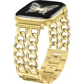 GEAK Gold Watch Band - Compatible with Apple Watch Bands for Women 40mm 38mm 41mm 42mm, Stylish Adjustable Metal Double Steel Chain Bracelet for iWatch Bands Series SE 10 9 8 7 6 5 4 3 2 1