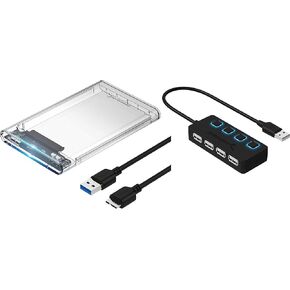 Sabrent 2.5-Inch SATA to USB 3.0 Tool-Free Clear External Hard Drive Enclosure + 4-Port USB 2.0 Hub with Individual LED lit Power Switches